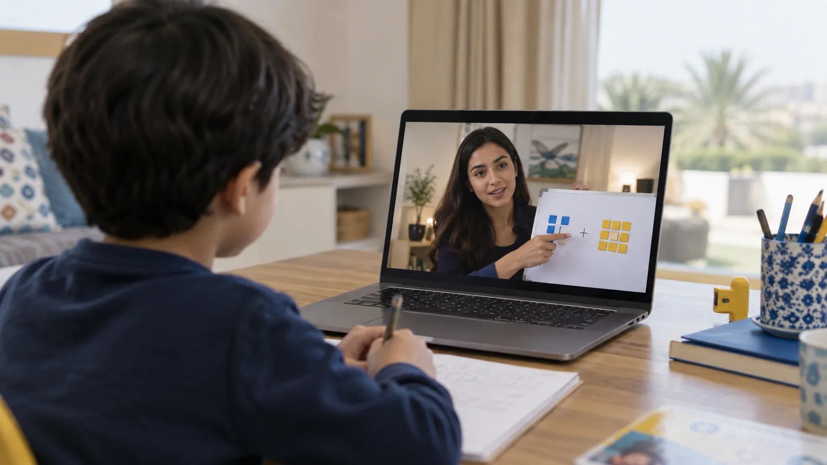 A student learning with a tutor in a live online Maths lesson