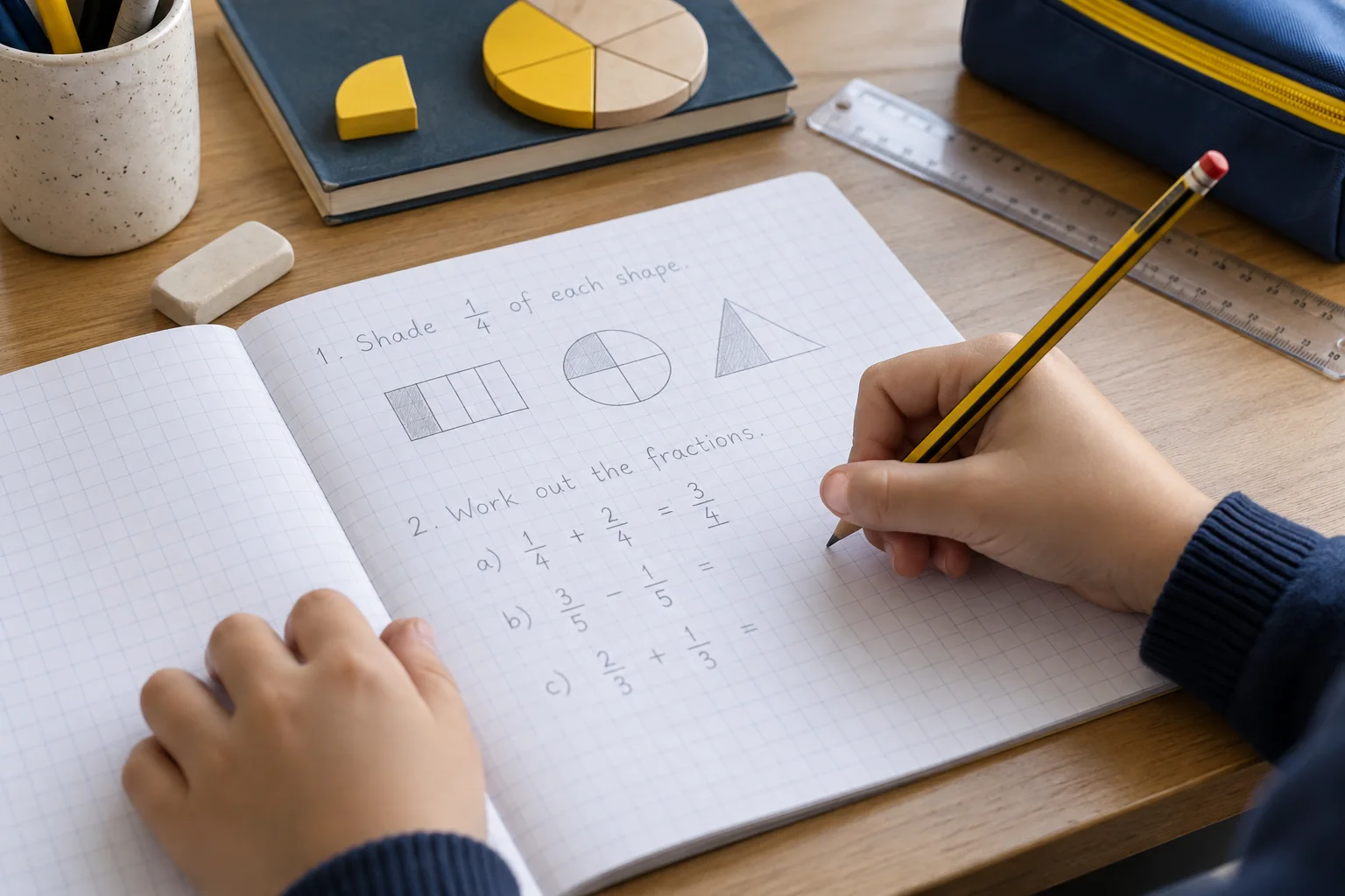 A primary-age child practising fractions in a notebook